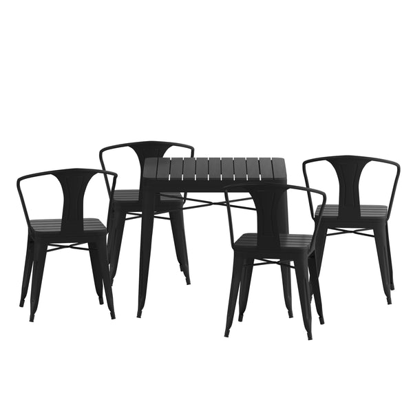 Black |#| All-Weather Resin Top Square Table & 4 Metal Chairs with Poly Resin Seats-Black