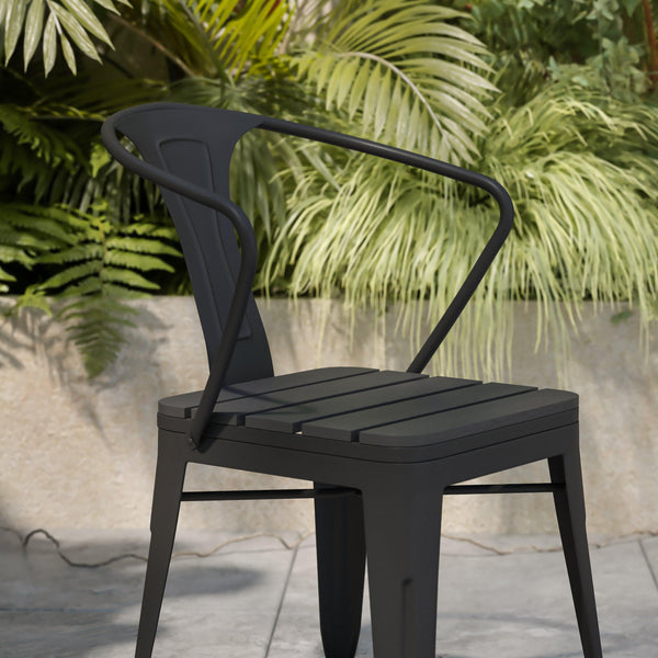 Black |#| All-Weather Black Steel Vertical Slat Back Patio Arm Chair with Poly Resin Seat