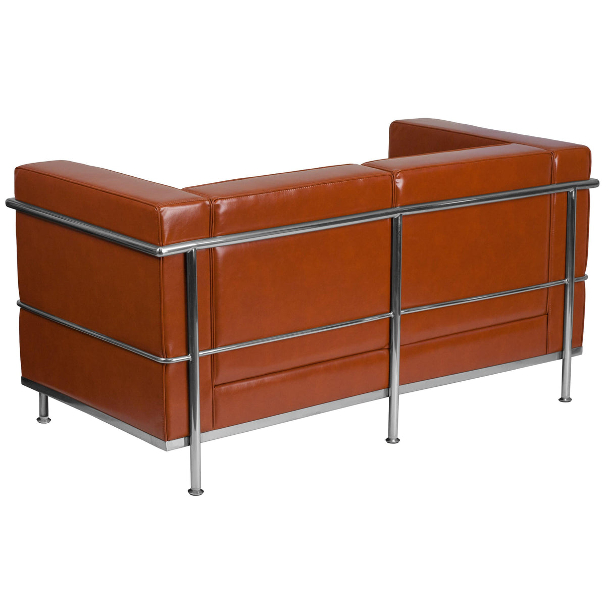 Cognac |#| Contemporary Cognac LeatherSoft Loveseat with Double Bar Encasing Frame