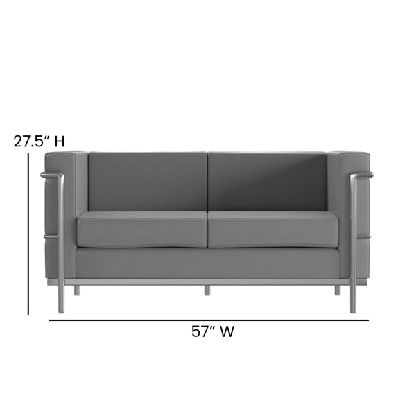 Gray |#| Contemporary Gray LeatherSoft Loveseat with Double Bar Encasing Frame