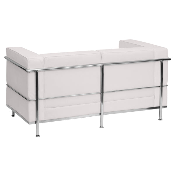 Melrose White |#| Contemporary White LeatherSoft Loveseat with Double Bar Encasing Frame