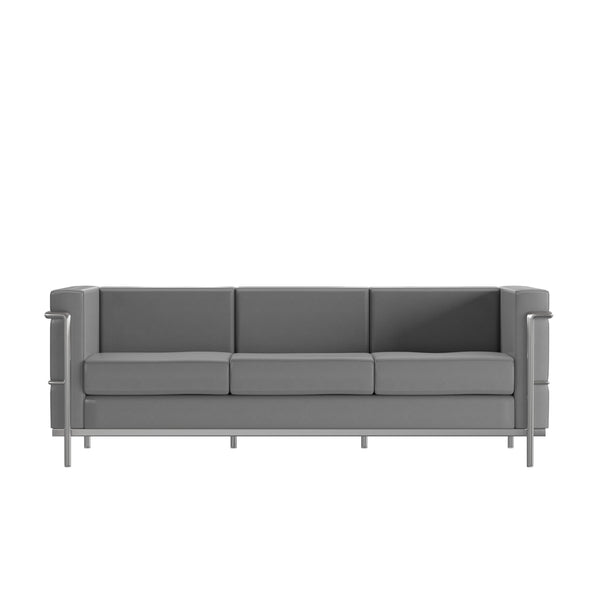 Gray |#| Contemporary Gray LeatherSoft Sofa with Double Bar Encasing Frame