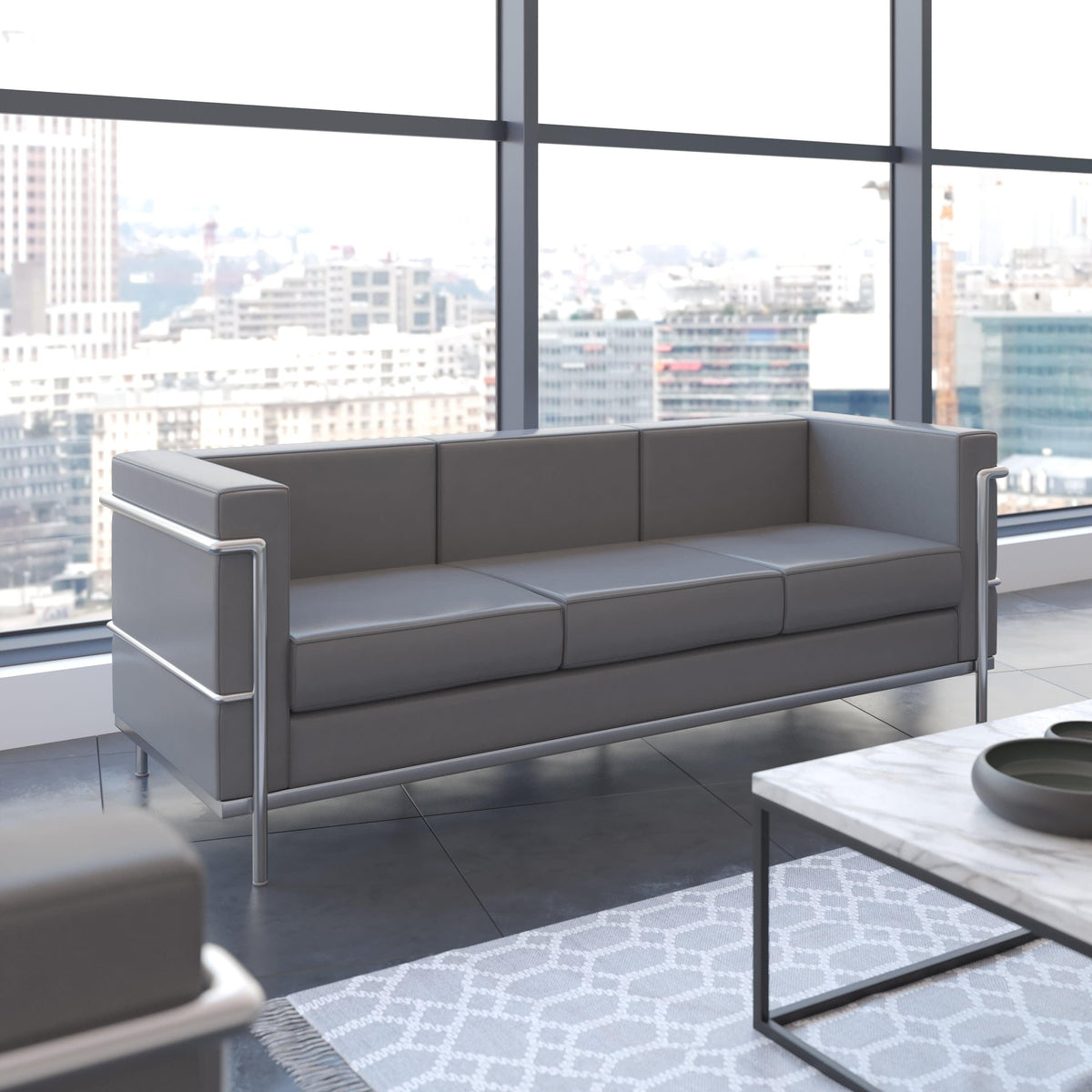 Gray |#| Contemporary Gray LeatherSoft Sofa with Double Bar Encasing Frame