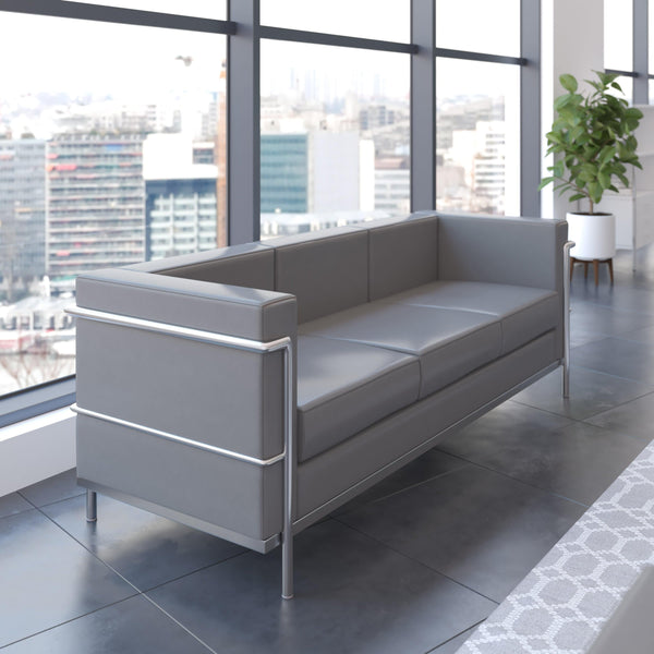 Gray |#| Contemporary Gray LeatherSoft Sofa with Double Bar Encasing Frame