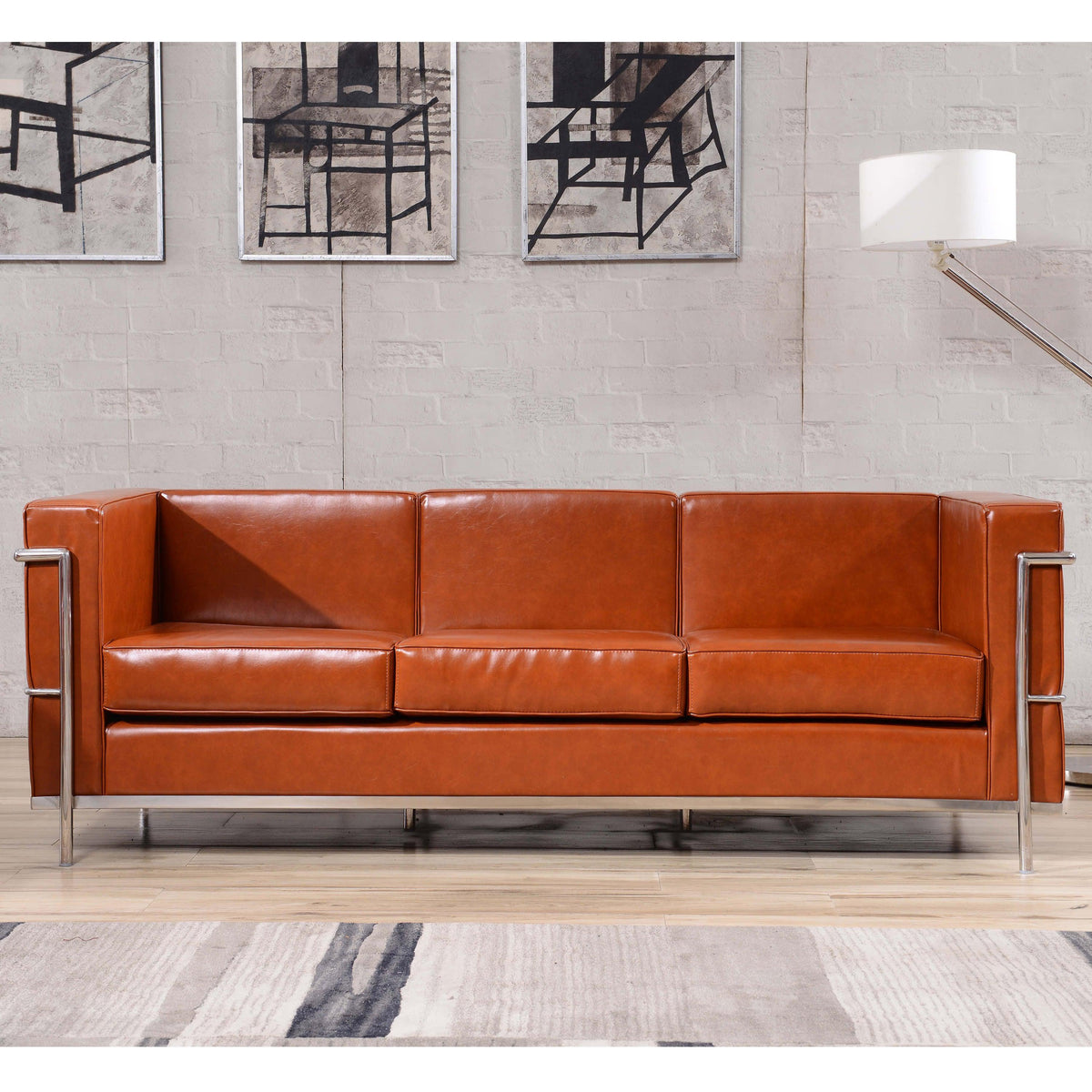 Cognac |#| Contemporary Cognac LeatherSoft Sofa with Double Bar Encasing Frame