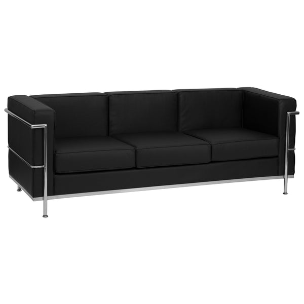 Black |#| Contemporary Black LeatherSoft Sofa with Double Bar Encasing Frame