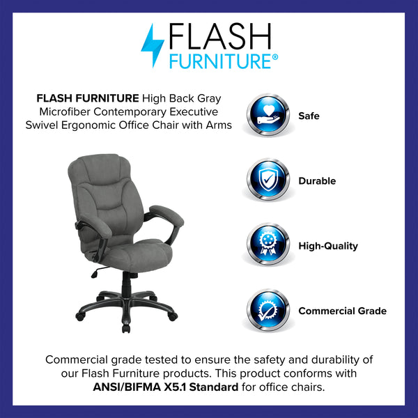 Gray Microfiber |#| High Back Gray Microfiber Executive Swivel Ergonomic Office Chair with Arms