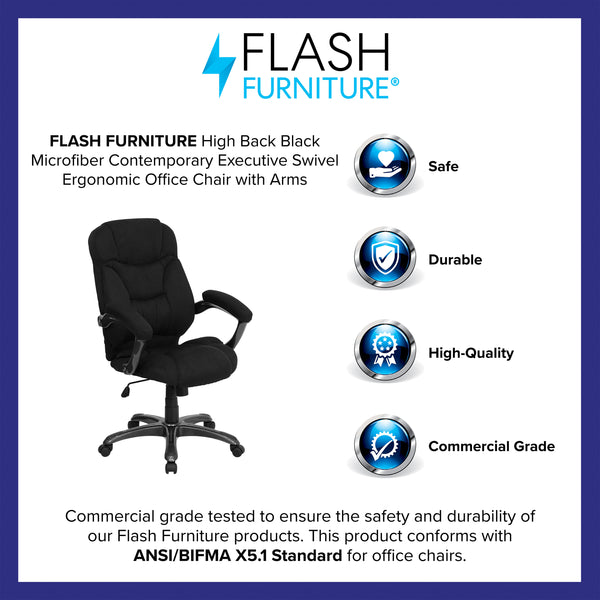 Black Microfiber |#| High Back Black MIC Contemporary Executive Swivel Ergonomic Office Chair w/ Arms
