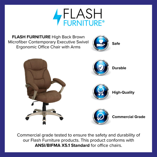 Brown Microfiber |#| High Back Brown Microfiber Executive Swivel Ergonomic Office Chair with Arms