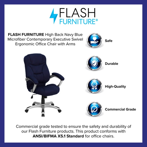 Navy Blue Microfiber |#| High Back Navy Blue Microfiber Executive Swivel Ergonomic Office Chair with Arms
