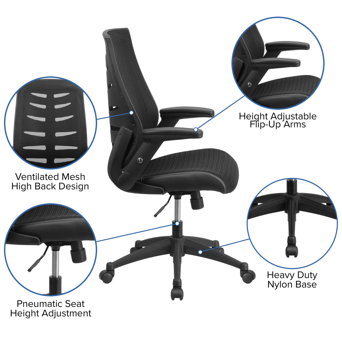 High Back Designer Black Mesh Swivel Executive Ergonomic Chair with Flip-Up Arms