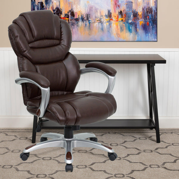 Brown |#| High Back Brown LeatherSoft Executive Swivel Ergonomic Office Chair-Padded Arms