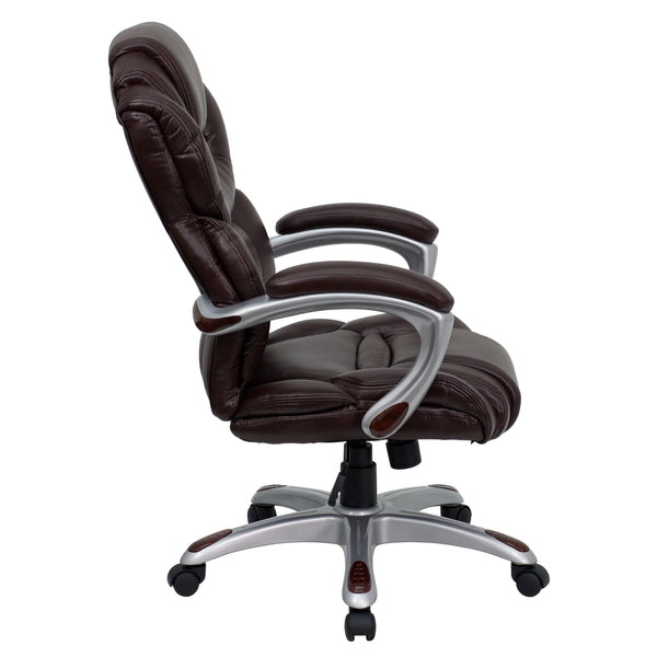 Brown |#| High Back Brown LeatherSoft Executive Swivel Ergonomic Office Chair-Padded Arms