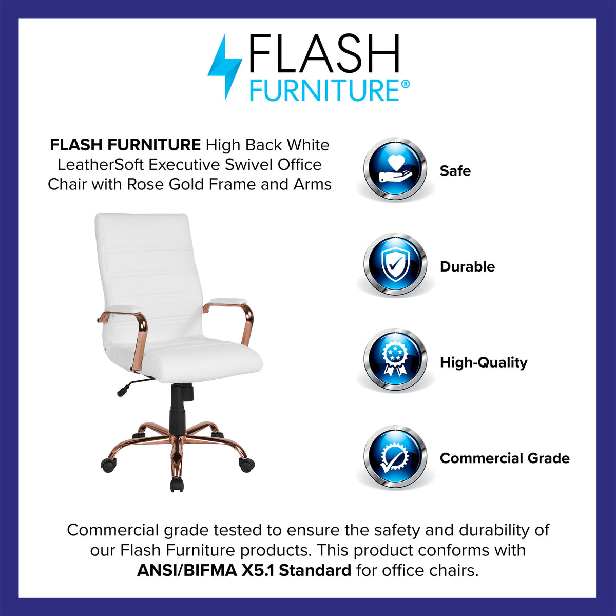 White LeatherSoft/Rose Gold Frame |#| High Back White LeatherSoft Executive Swivel Office Chair - Rose Gold Frame/Arms