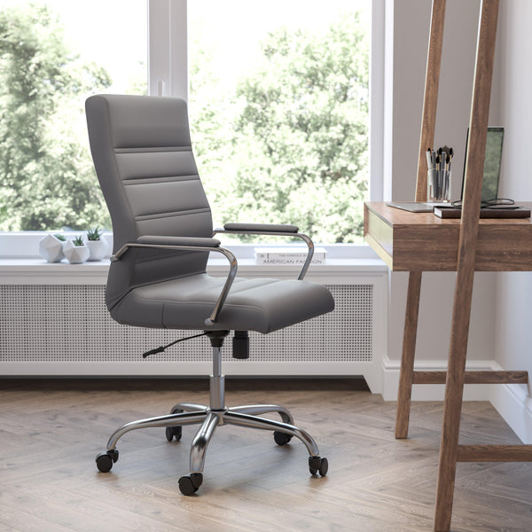 Gray LeatherSoft/Chrome Frame |#| High Back Gray LeatherSoft Executive Swivel Office Chair with Chrome Frame/Arms