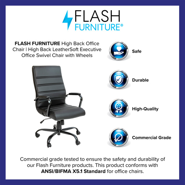 Black LeatherSoft/Black Frame |#| High Back Black LeatherSoft Executive Swivel Office Chair with Black Frame/Arms