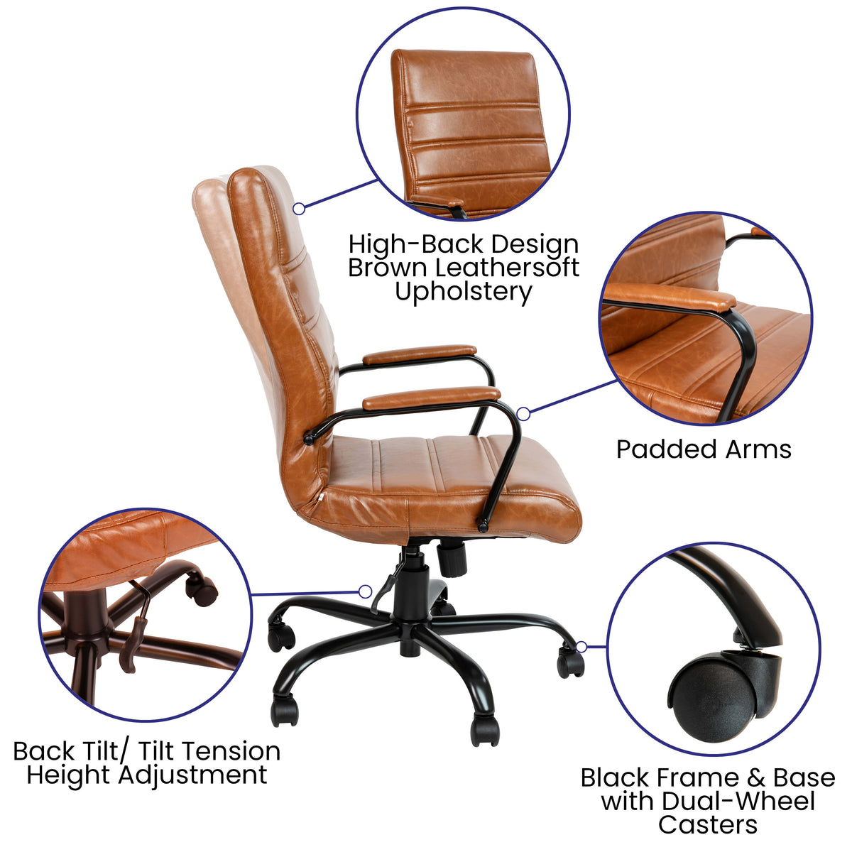 Brown LeatherSoft/Black Frame |#| High Back Brown LeatherSoft Executive Swivel Office Chair with Black Frame/Arms