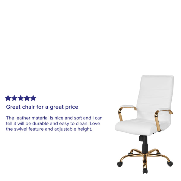 White LeatherSoft/Gold Frame |#| High Back White LeatherSoft Executive Swivel Office Chair with Gold Frame/Arms