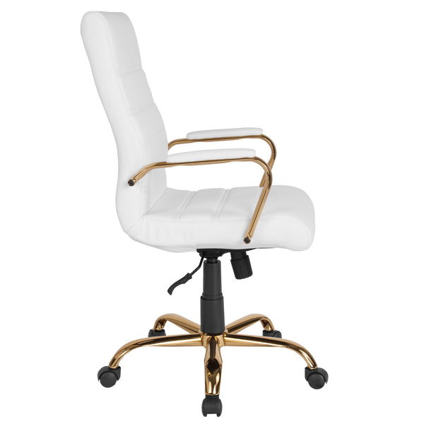 White LeatherSoft/Gold Frame |#| High Back White LeatherSoft Executive Swivel Office Chair with Gold Frame/Arms