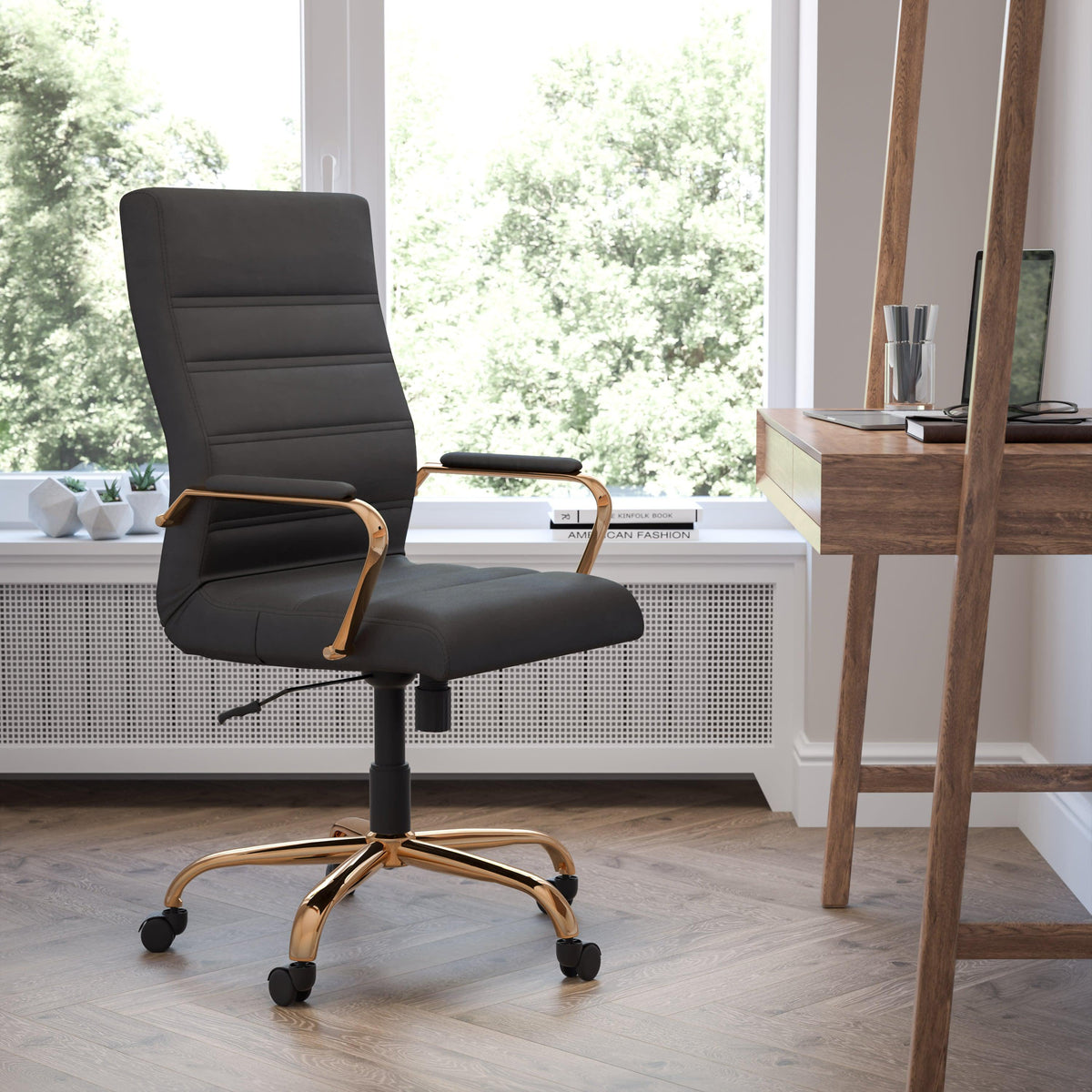 Black LeatherSoft/Gold Frame |#| High Back Black LeatherSoft Executive Swivel Office Chair with Gold Frame/Arms