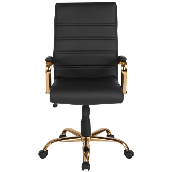 Black LeatherSoft/Gold Frame |#| High Back Black LeatherSoft Executive Swivel Office Chair with Gold Frame/Arms