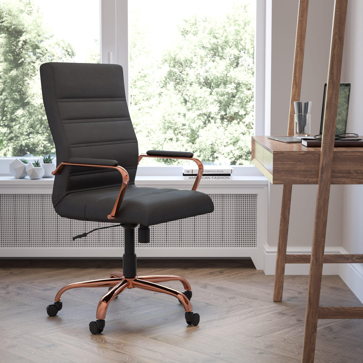 Black LeatherSoft/Rose Gold Frame |#| High Back Black LeatherSoft Executive Swivel Office Chair - Rose Gold Frame/Arms