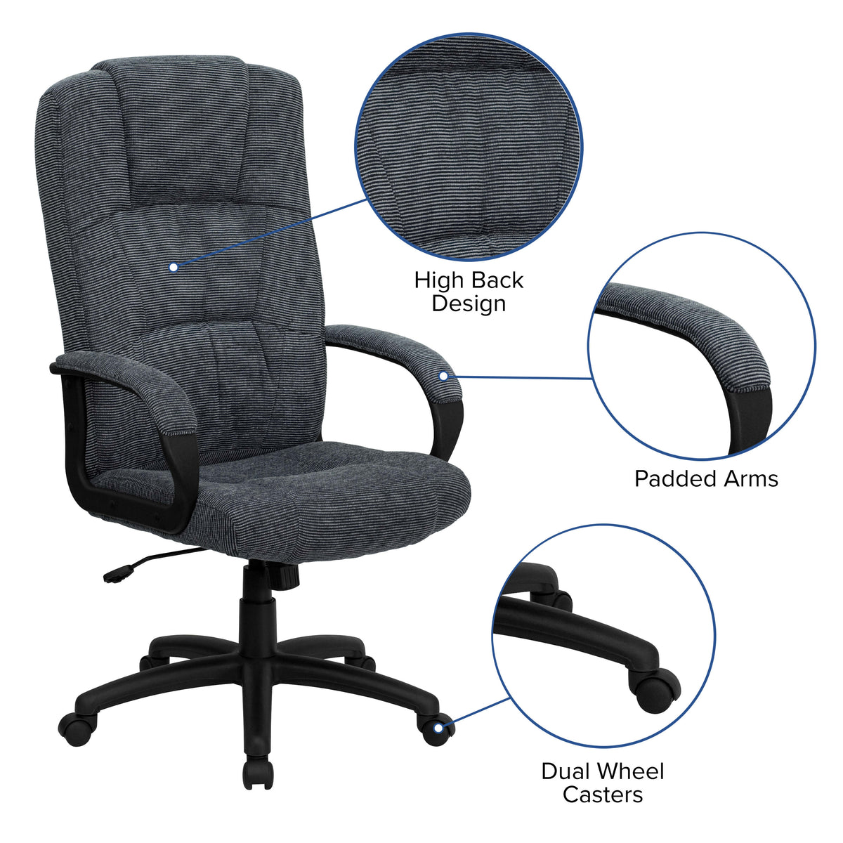 Gray |#| High Back Gray Fabric Adjustable Executive Swivel Office Chair with Arms