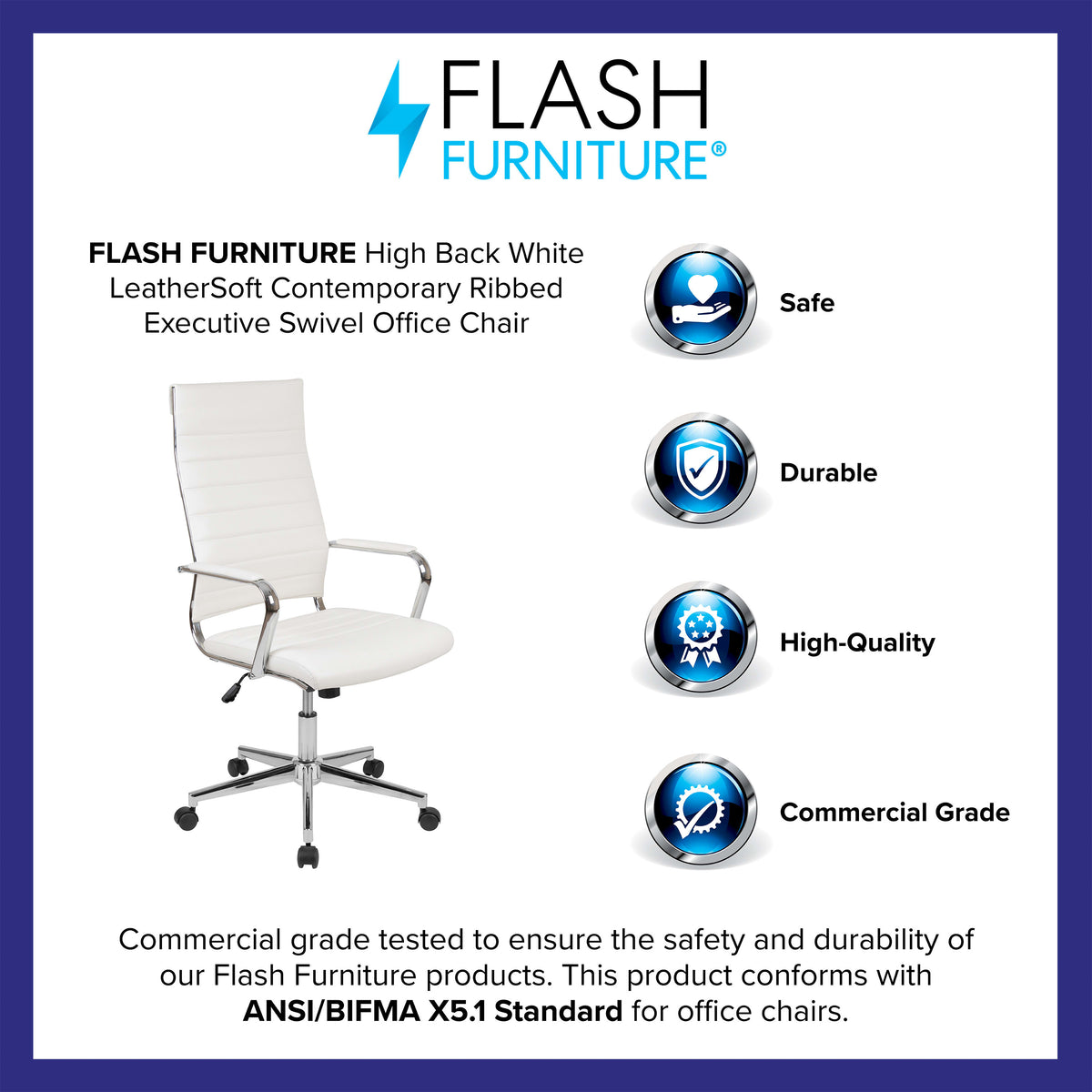White |#| High Back White LeatherSoft Ribbed Executive Swivel Office Chair - Desk Chair