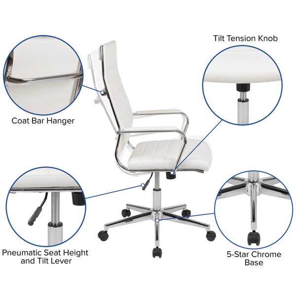 White |#| High Back White LeatherSoft Ribbed Executive Swivel Office Chair - Desk Chair