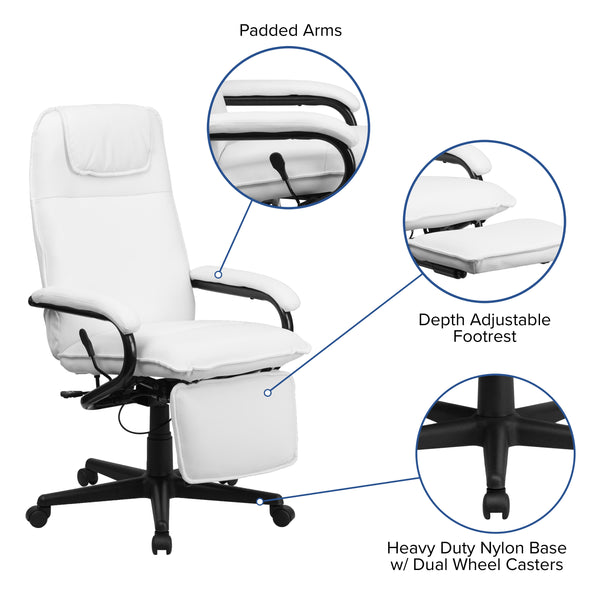 White |#| High Back White LeatherSoft Executive Reclining Ergonomic Swivel Chair with Arms