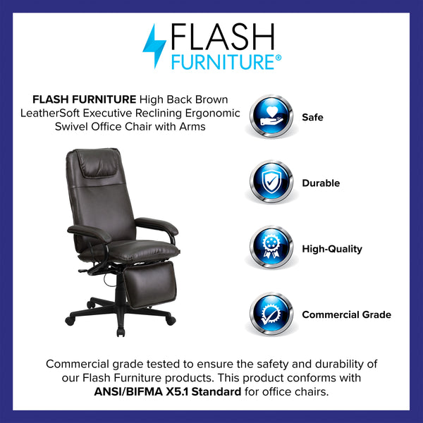 Brown |#| High Back Brown LeatherSoft Executive Reclining Ergonomic Office Chair with Arms