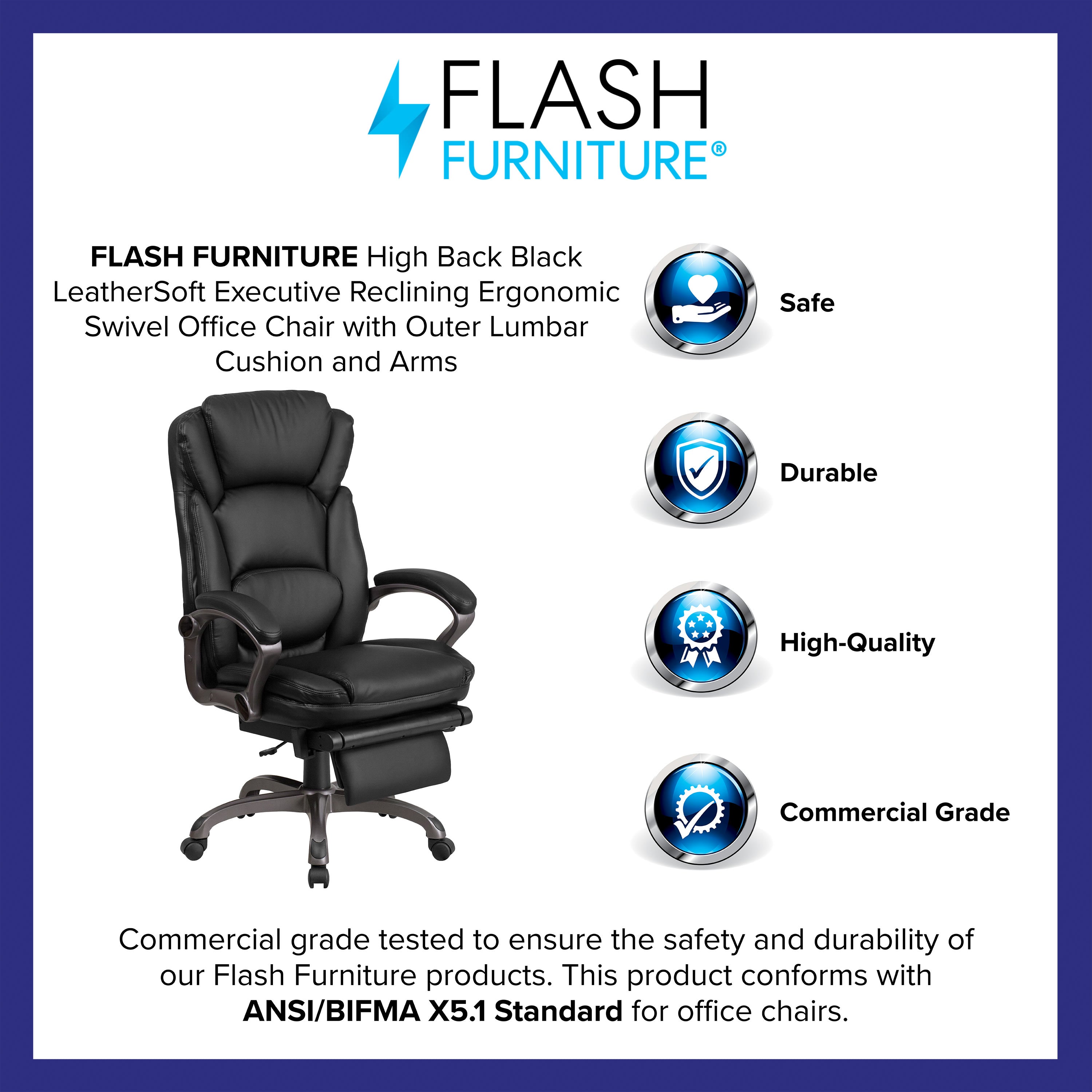 High Back LeatherSoft Reclining Ergonomic Chair with Outer Lumbar Cushion - Thumbnail 5