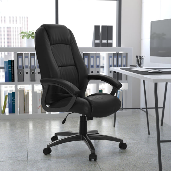 High Back Black LeatherSoft Swivel Ergonomic Office Chair w/Deep Curved Lumbar