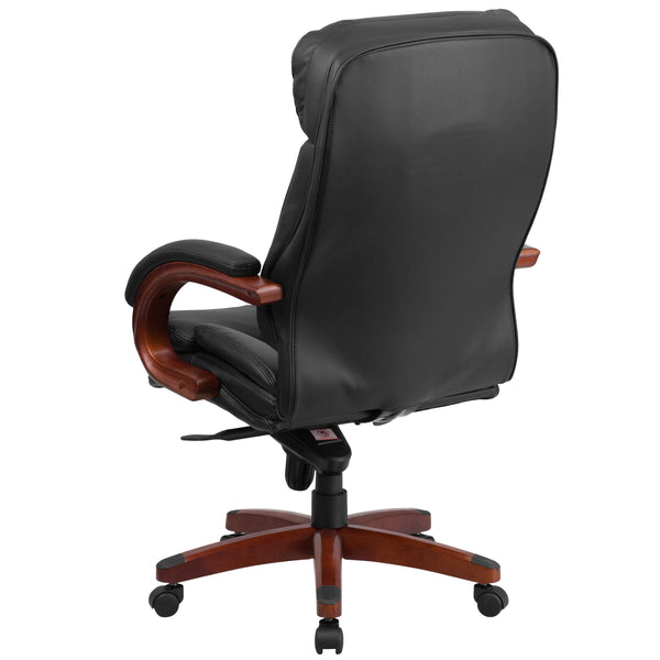 High Back Black LeatherSoft Chair w/Synchro-Tilt Mechanism, Mahogany Wood Base