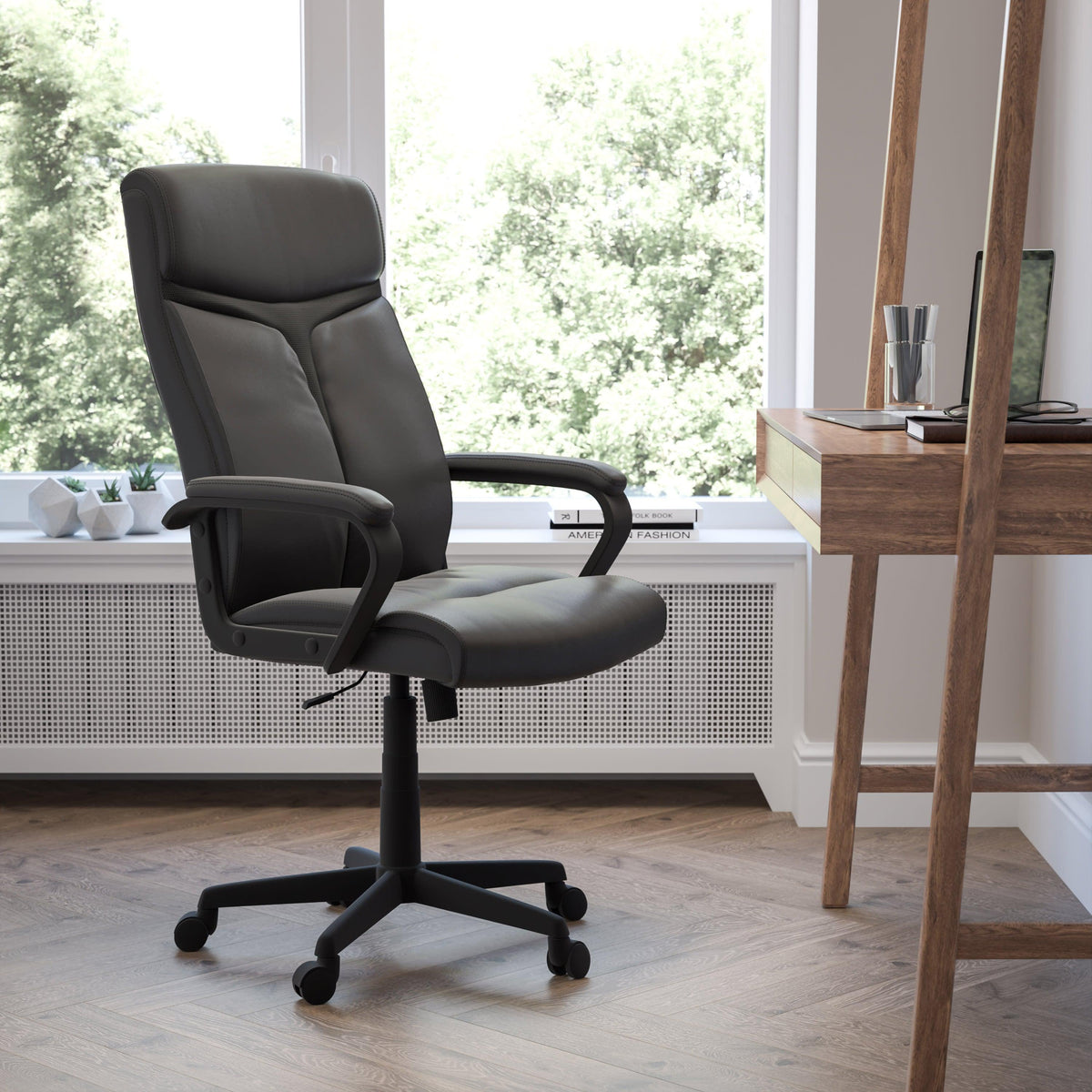 High Back Black LeatherSoft Executive Swivel Office Chair w/ Slight Mesh Accent