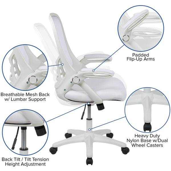 White |#| High Back White Mesh Ergonomic Office Chair with White Frame and Flip-up Arms