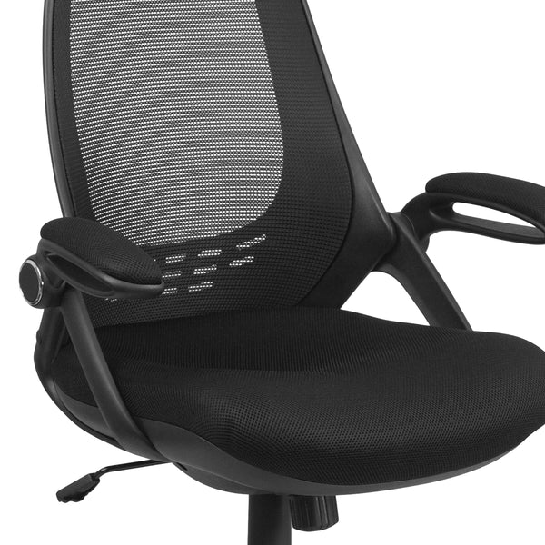 Black Mesh |#| High Back Black Mesh Executive Swivel Office Chair with Flip-Up Arms