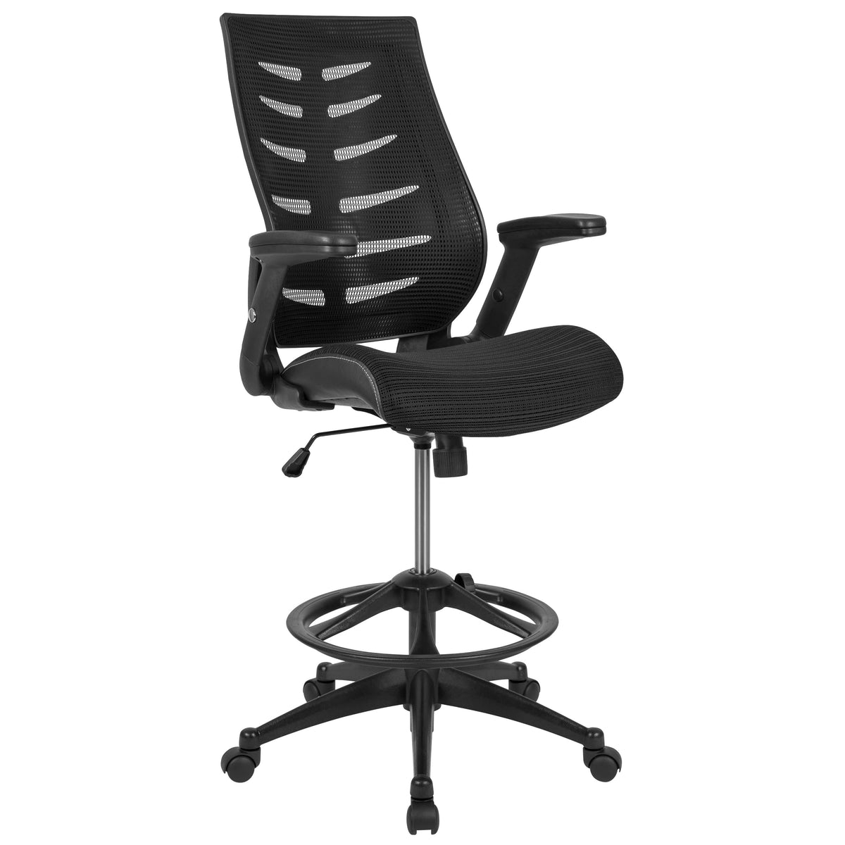 Black |#| High Back Black Mesh Ergonomic Drafting Chair with Adjustable Flip-Up Arms