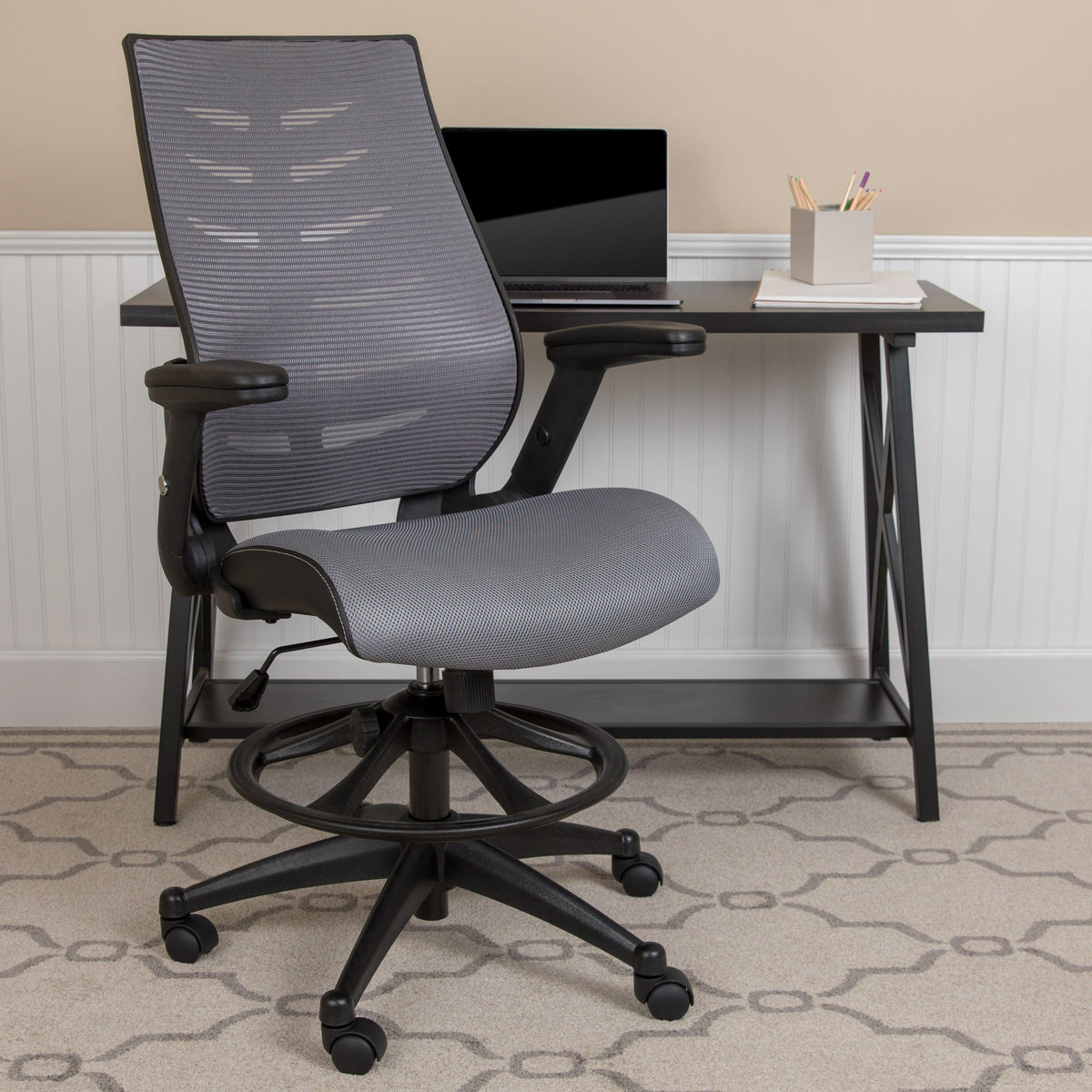 Dark Gray |#| High Back Dark Gray Mesh Ergonomic Drafting Chair with Adjustable Flip-Up Arms