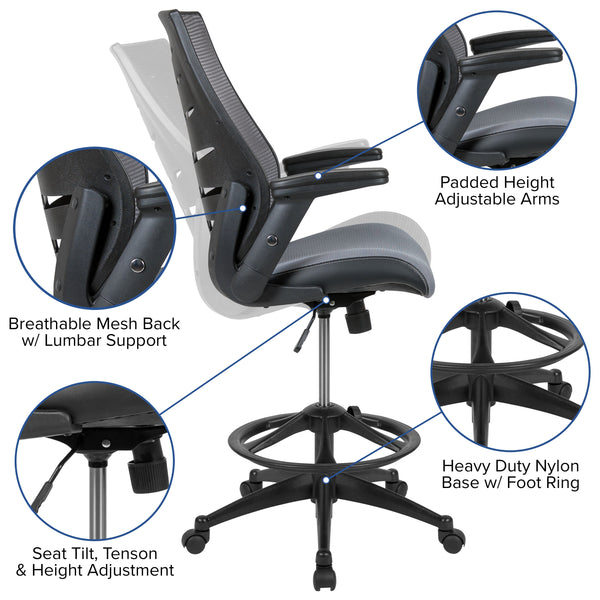 Dark Gray |#| High Back Dark Gray Mesh Ergonomic Drafting Chair with Adjustable Flip-Up Arms