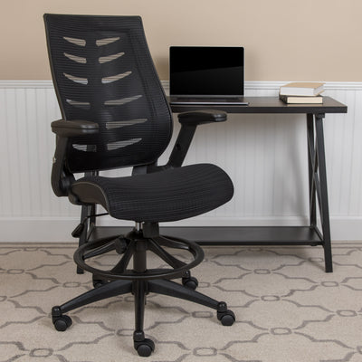 High Back Mesh Spine-Back Ergonomic Drafting Chair with Adjustable Foot Ring and Adjustable Flip-Up Arms - View 2