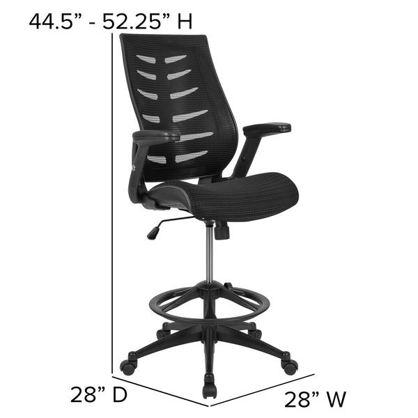 Black |#| High Back Black Mesh Ergonomic Drafting Chair with Adjustable Flip-Up Arms