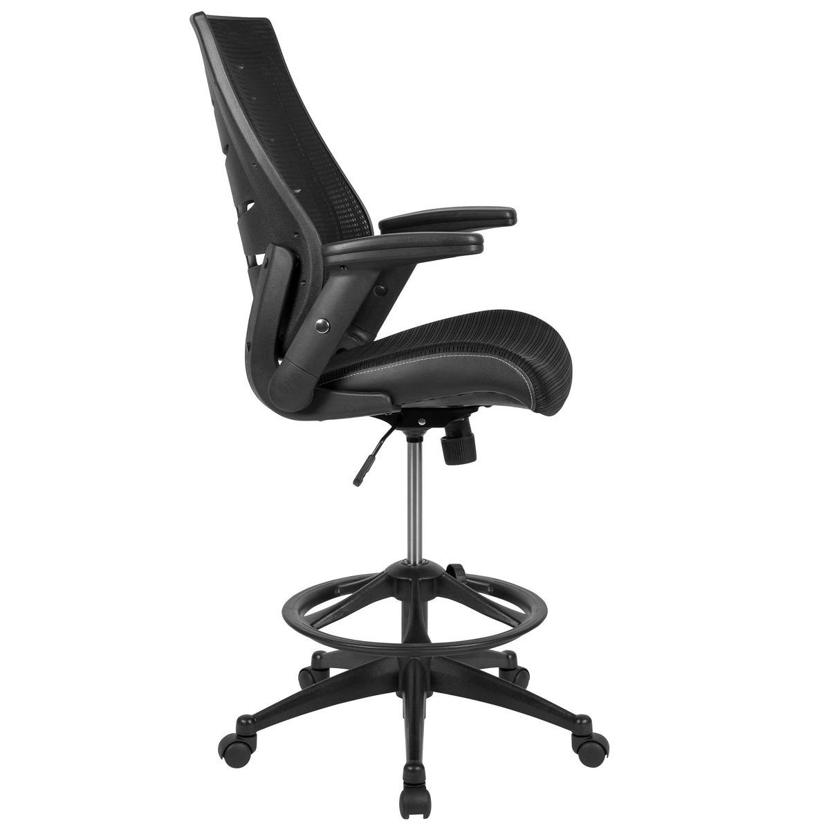 Black |#| High Back Black Mesh Ergonomic Drafting Chair with Adjustable Flip-Up Arms