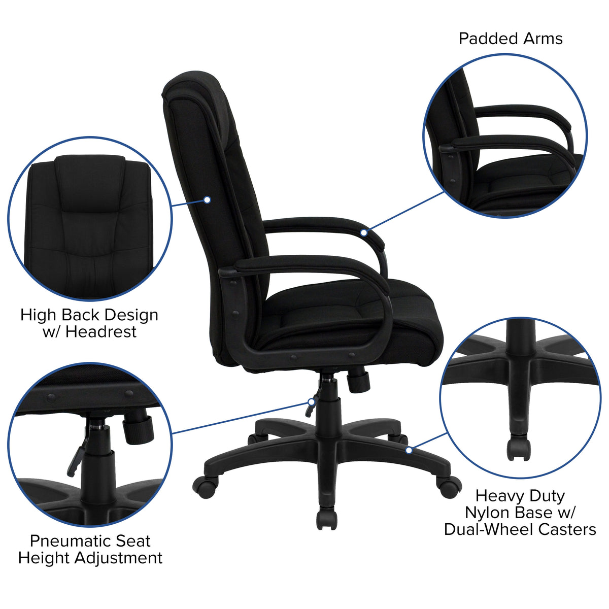 Black Fabric |#| High Back Black Fabric Multi-Line Stitch Upholstered Swivel Office Chair