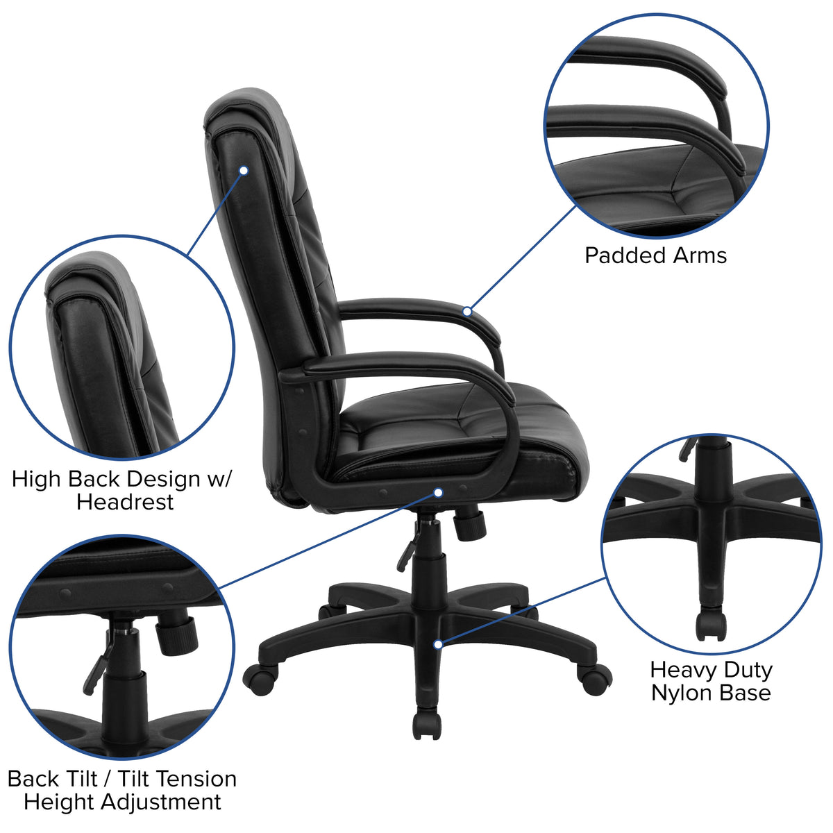 Black LeatherSoft |#| High Back Black LeatherSoft Multi-Line Stitch Upholstered Swivel Office Chair