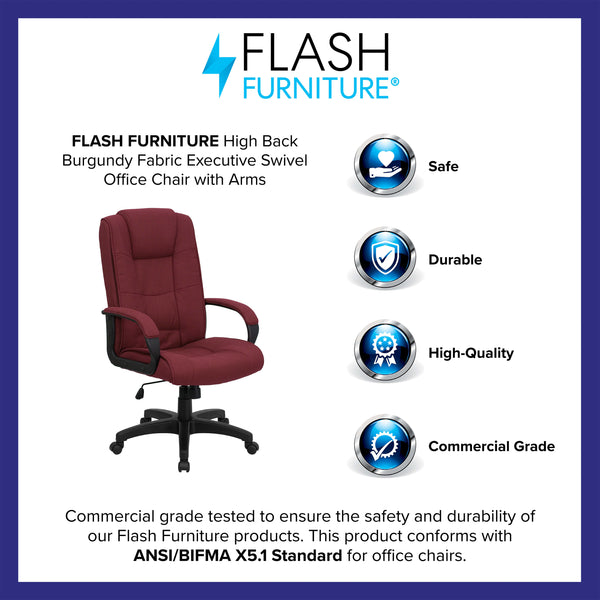 Burgundy Fabric |#| High Back Burgundy Fabric Multi-Line Stitch Upholstered Swivel Office Chair