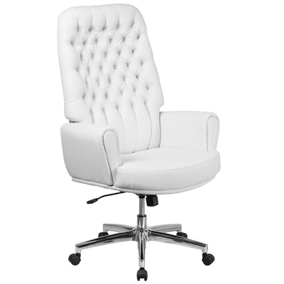 High Back Traditional Tufted LeatherSoft Executive Swivel Office Chair with Silver Welt Arms