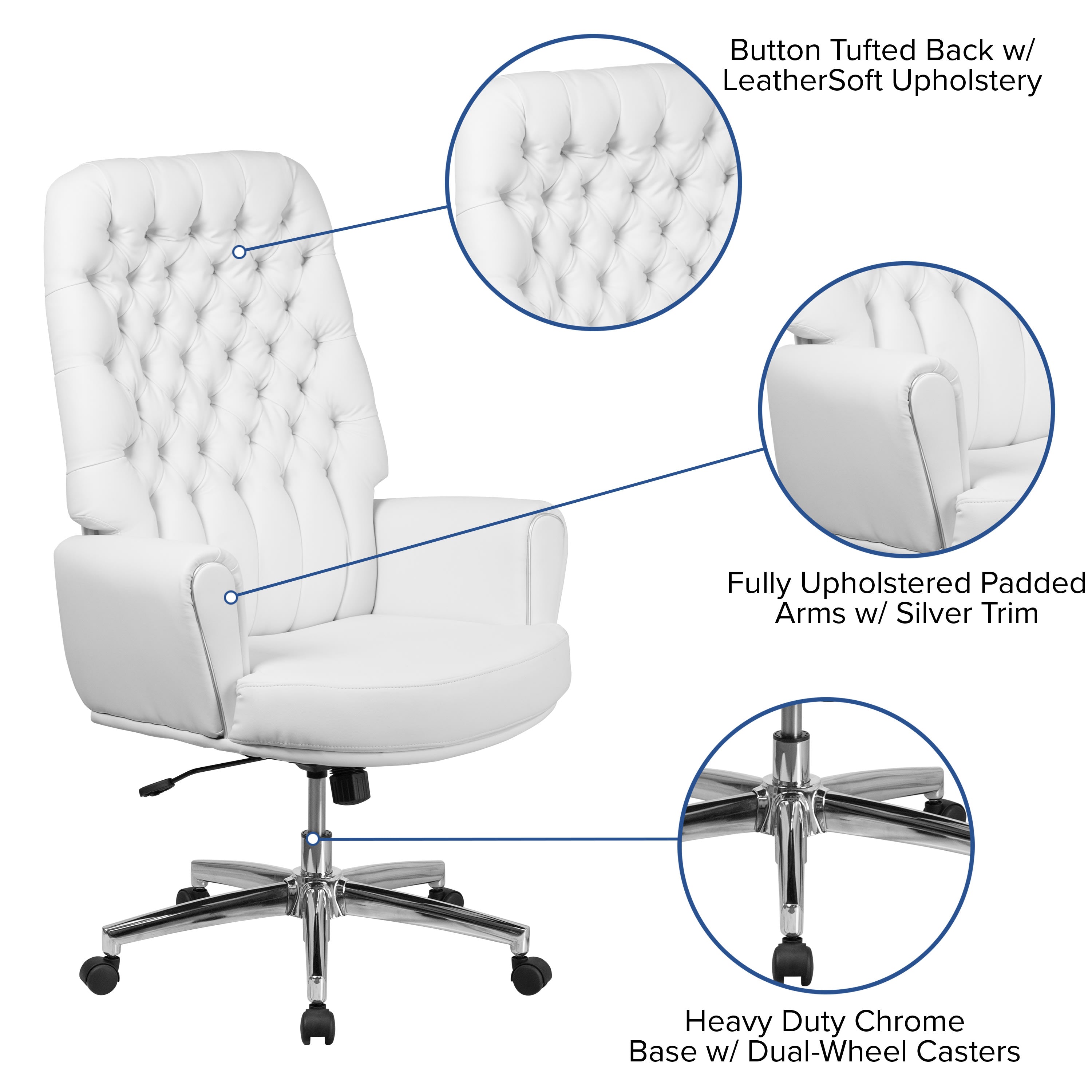 High Back Traditional Tufted LeatherSoft Executive Swivel Ergonomic Office Chair with Oversized Headrest and Nail Trim Arms - Thumbnail 3