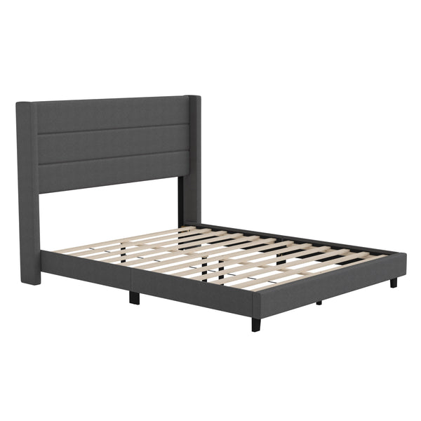 Charcoal,Queen |#| Queen Size Upholstered Platform Bed with Wingback Headboard-Charcoal Faux Linen