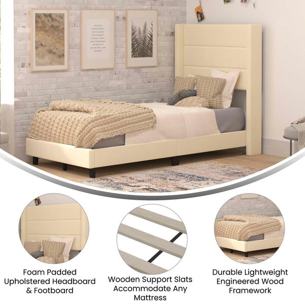 Beige,Twin |#| Twin Size Upholstered Platform Bed with Wingback Headboard-Beige Faux Linen